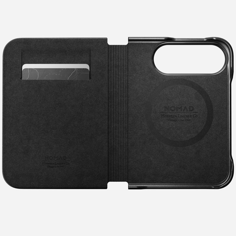 NOMAD black leather iPhone Duo folio shown open